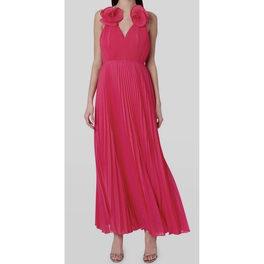 Milly Pink Evie Pleated Maxi Rosette Halter Dress Open Back Gown NWT $595 Sz 10